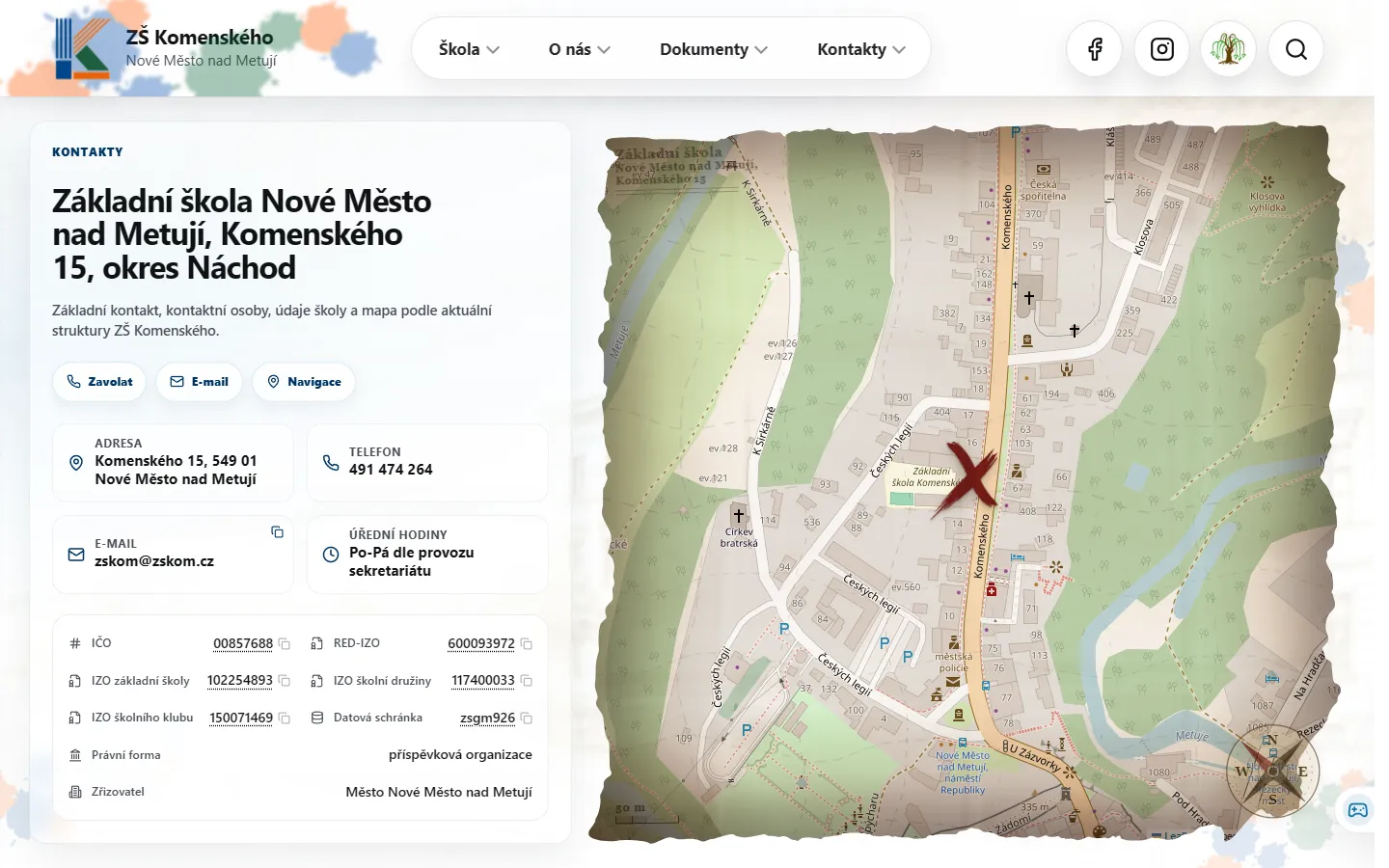 Kontakty školy s mapou a úředními údaji